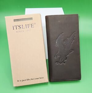 Vintage Brown Leather Long Wallet with Eagle Embossed Design RFID Bifold